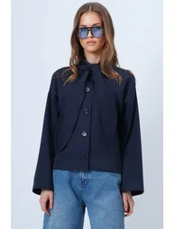 Women's Navy Blue Scarf Detailed Buttoned Jacket - 3