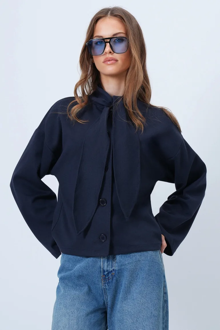 Women's Navy Blue Scarf Detailed Buttoned Jacket - 1
