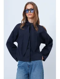 Women's Navy Blue Scarf Detailed Buttoned Jacket - 1