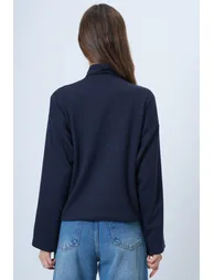 Women's Navy Blue Scarf Detailed Buttoned Jacket - 5