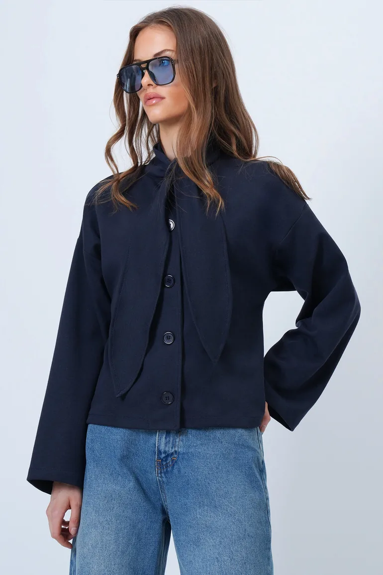 Women's Navy Blue Scarf Detailed Buttoned Jacket