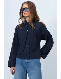Women's Navy Blue Scarf Detailed Buttoned Jacket