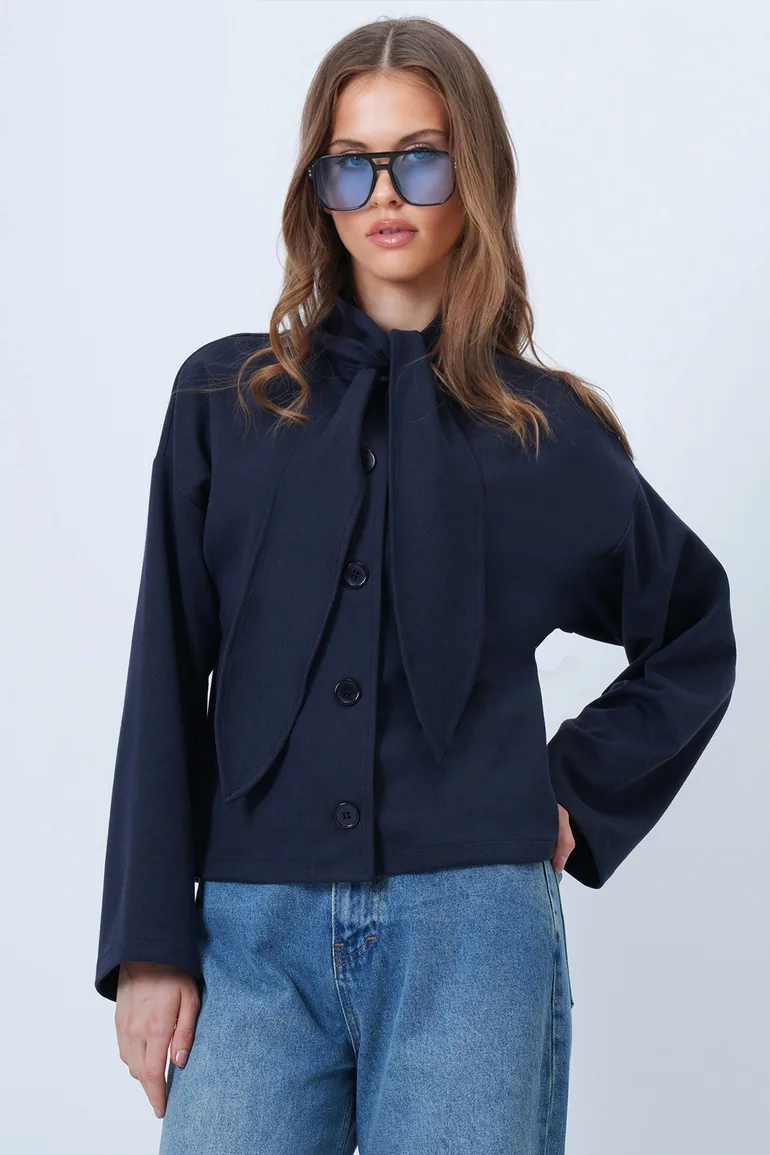 Women's Navy Blue Scarf Detailed Buttoned Jacket - 2