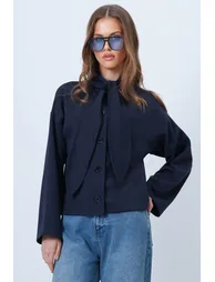 Women's Navy Blue Scarf Detailed Buttoned Jacket - 2