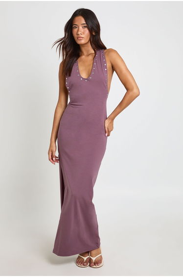 Scoop Neck Studded Detail Maxi Dress - fig