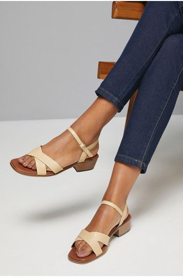 Devina Leather Cross Strap Low Block Heel Sandals