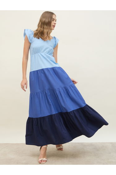 Color Block Ruffled Sleeves Tiered Maxi Dress