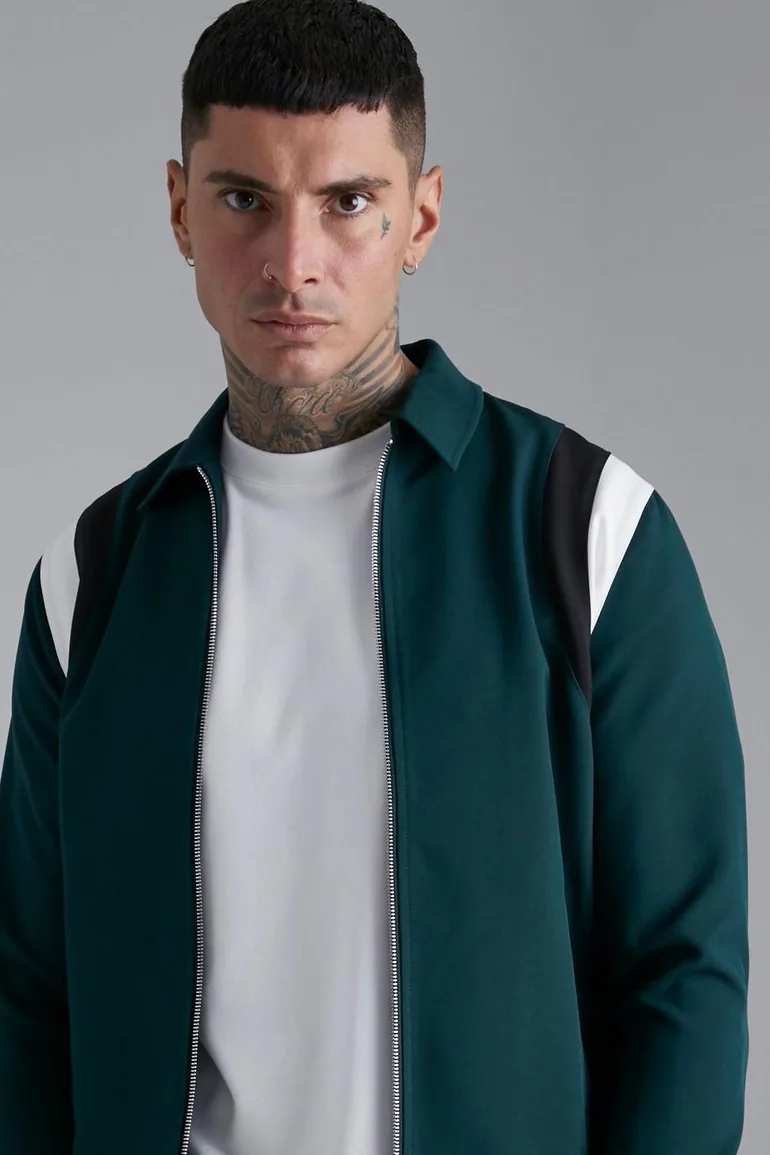 Tailored Collared Varsity Bomber Jacket - green - 2