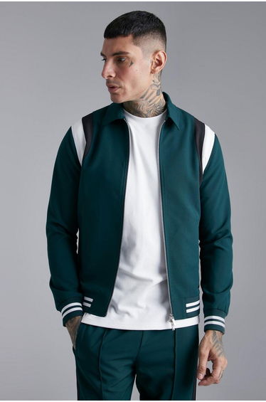 Tailored Collared Varsity Bomber Jacket - green