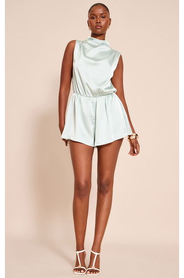 Blue Satin High Neck Playsuit