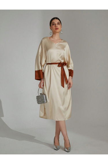 Beige Contrast Cuff Midi Dress with Tie Belt