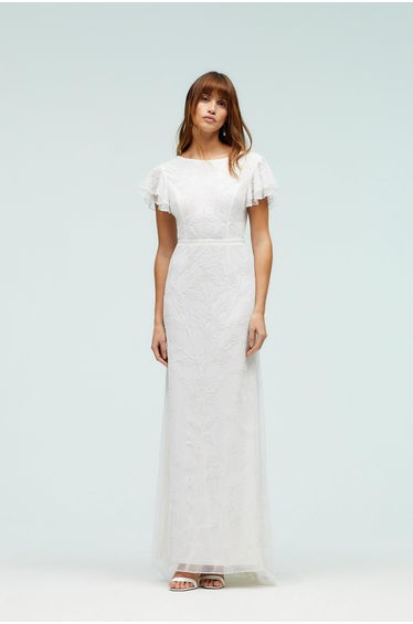 Flutter Sleeve Floral Embellished Maxi Dress