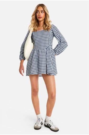 Gingham Long Sleeve Mini Dress - navy