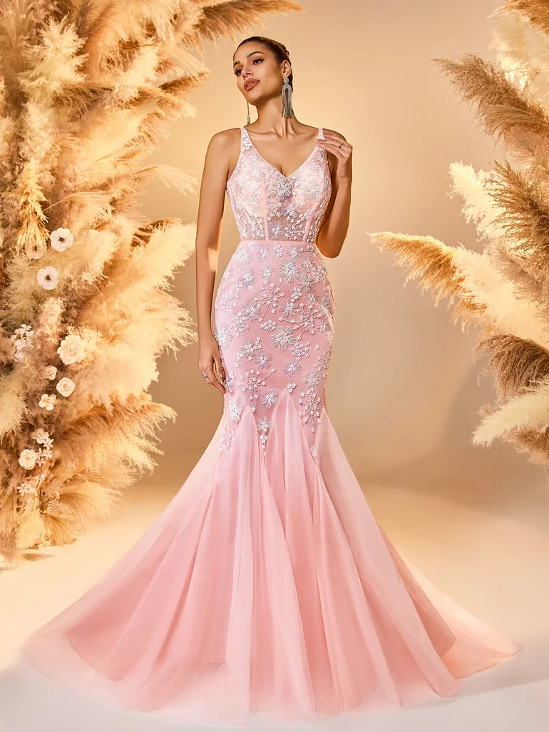 Modecrush Pink Tulle Embroidered Mermaid Gown - 4