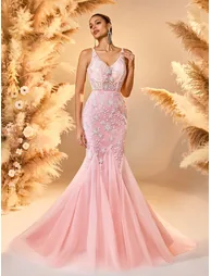 Modecrush Pink Tulle Embroidered Mermaid Gown - 4