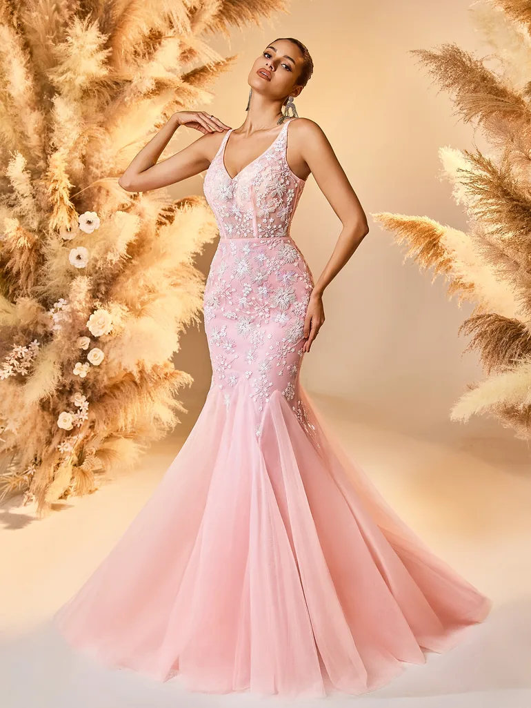 Modecrush Pink Tulle Embroidered Mermaid Gown - 3