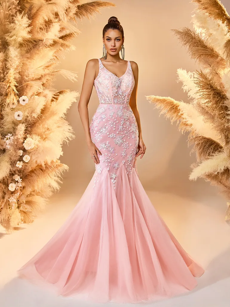 Modecrush Pink Tulle Embroidered Mermaid Gown