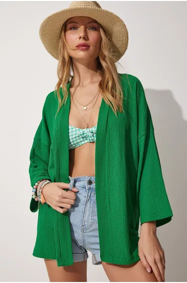 Women's Green Layered Collar Seasonal Textured Jacket