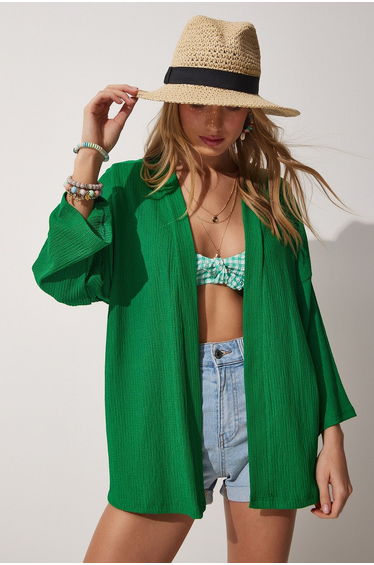 Women's Green Layered Collar Seasonal Textured Jacket
