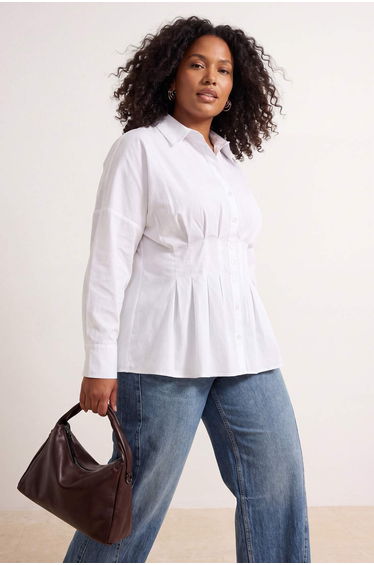 White Lycra Waist Fitted Plus Size Woven Shirt