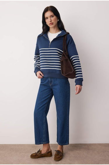 Navy blue striped oversize/wide fit zippered thick fleece lined knitted sweatshirt