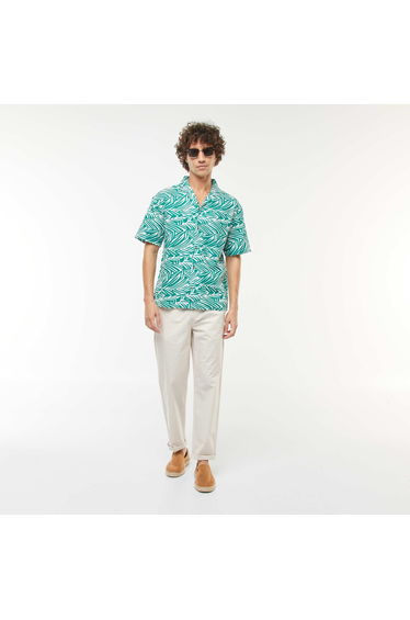 Short-sleeved printed linen-blend shirt GREEN