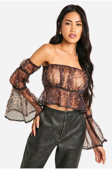 Organza Leopard Print Bardot Crop Smock Top - leopard