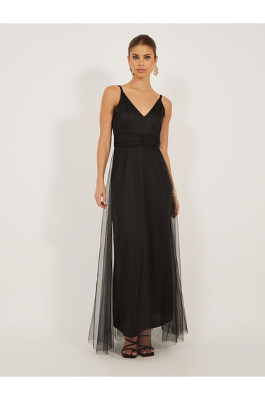 Strappy V Neck Mesh A-Line Maxi Dress