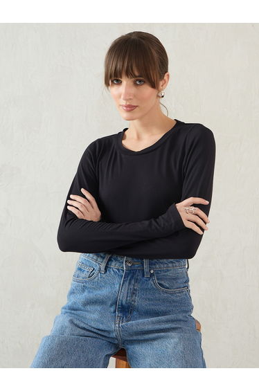 Black Long Sleeve Knit Crew Neck T-Shirt