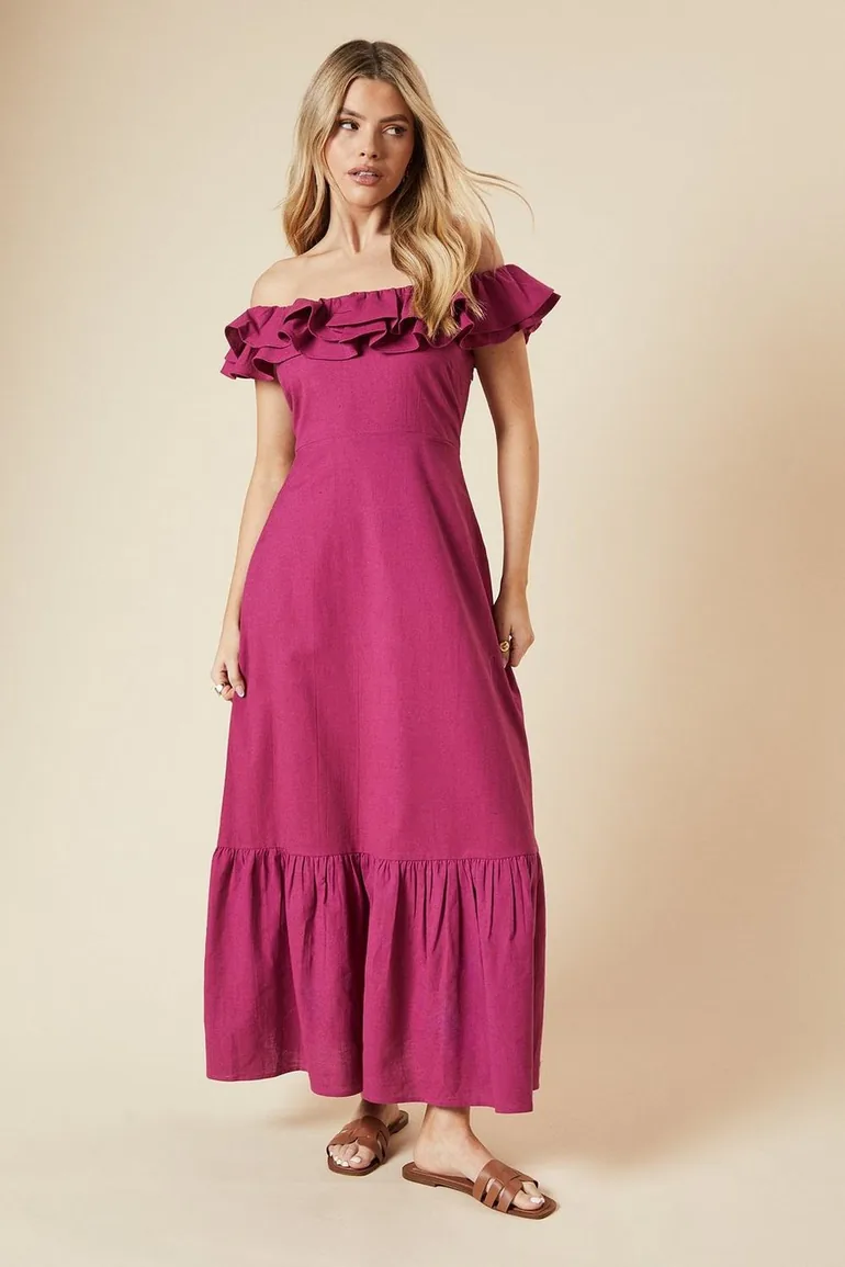 Ruffle Bardot Linen Maxi Dress Dorothy Perkins : Day Dresses : VogaCloset Oman Ruffle Bardot Linen Maxi Dress Dorothy Perkins : Day Dresses : VogaCloset Oman