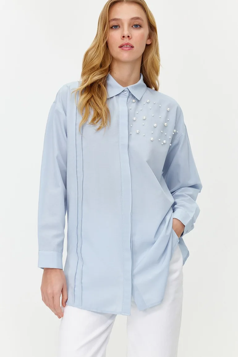 Blue Pearl Detailed Cotton Woven Shirt - 1
