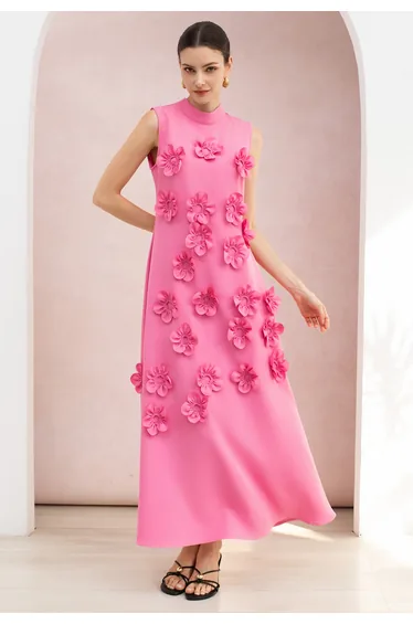3D Floral Applique Tie Back Sleeveless Maxi Dress in Hot Pink for Wedding Receptions & Cocktail Parties