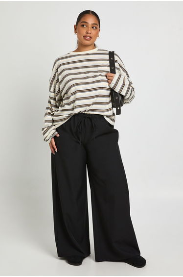 Plus Woven Elasticated Waist Drawstring Wide Leg Trouser - black