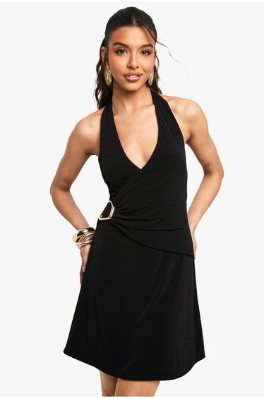 Halter Neck Trim Detail Wrap Mini Dress