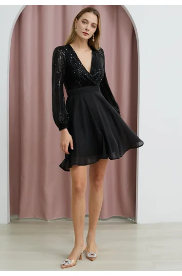 Plunging Spliced Sequined Skater Dress in Black
