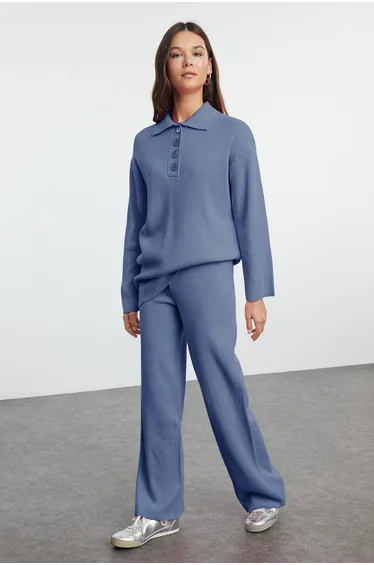 Indigo Polo Collar Ribbed Knitwear Bottom-Top Set