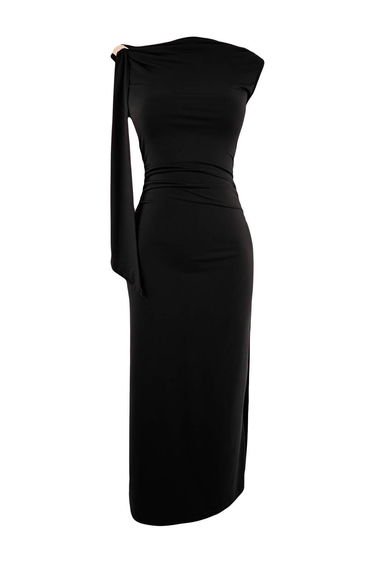 Black Bodycon Degaje Collar Sleeveless Accessory Detailed Maxi Stretchy Knitted Dress
