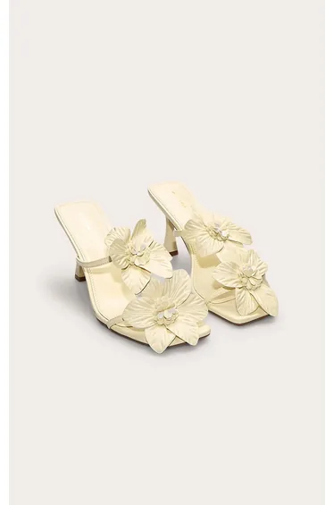 Butter Yellow Pu Square Toe Multi Flower Detail Mid Stiletto Heeled Mules