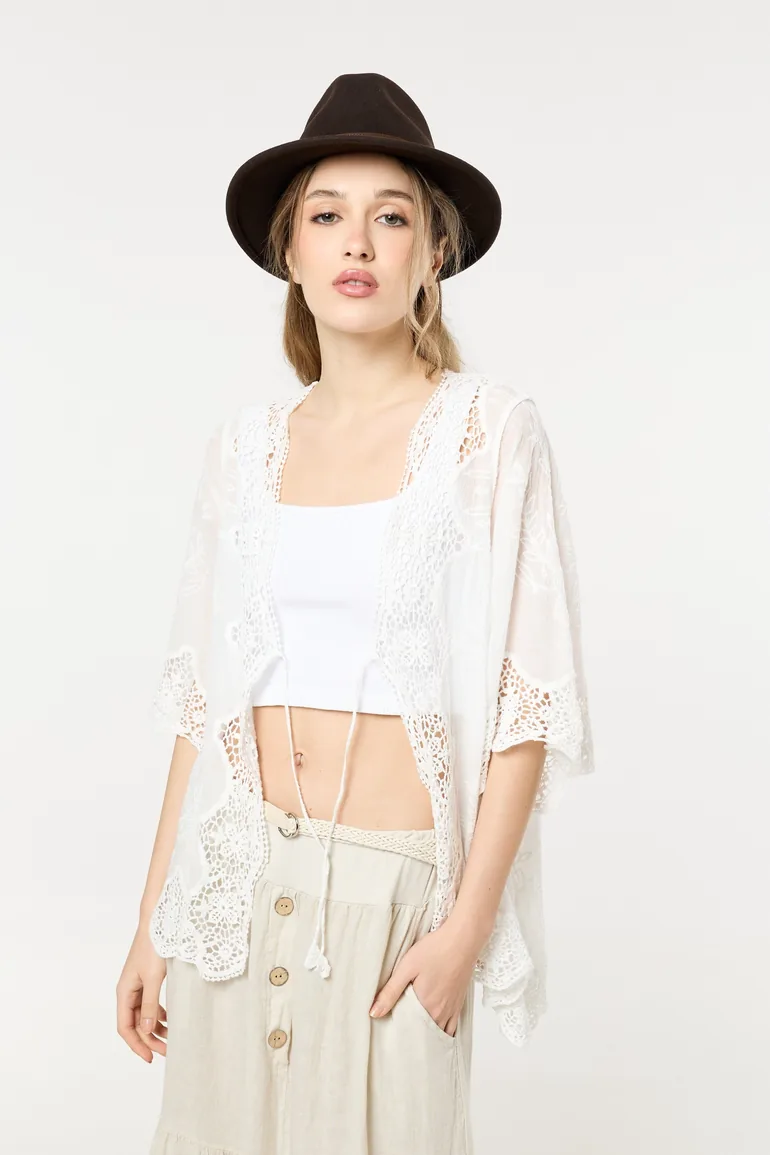 White Lace Tie Front Sheer Kimono Top