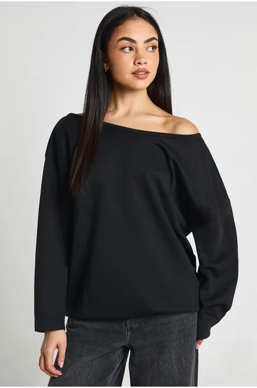 Tall Interlock Off Shoulder Sweatshirt - black