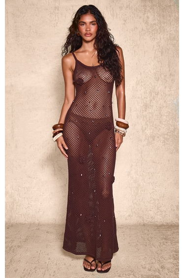 Chocolate Pearl Trim Flower Applique Crochet Maxi Dress