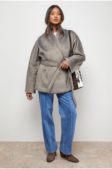 Wrap Detail Belted Short Coat