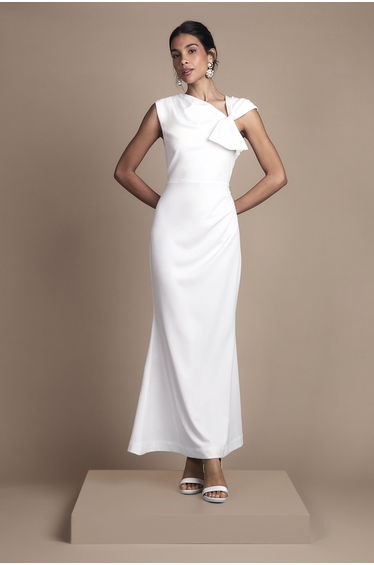 Asymetric Neckline with Bow Detail Crepe Midi Wedding Dress