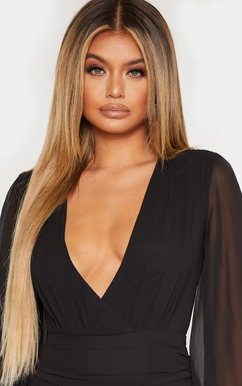 black long sleeve chiffon ruched bodycon dress Shop Black Long Sleeve Chiffon Ruched Bodycon Dress Online in Bahrain