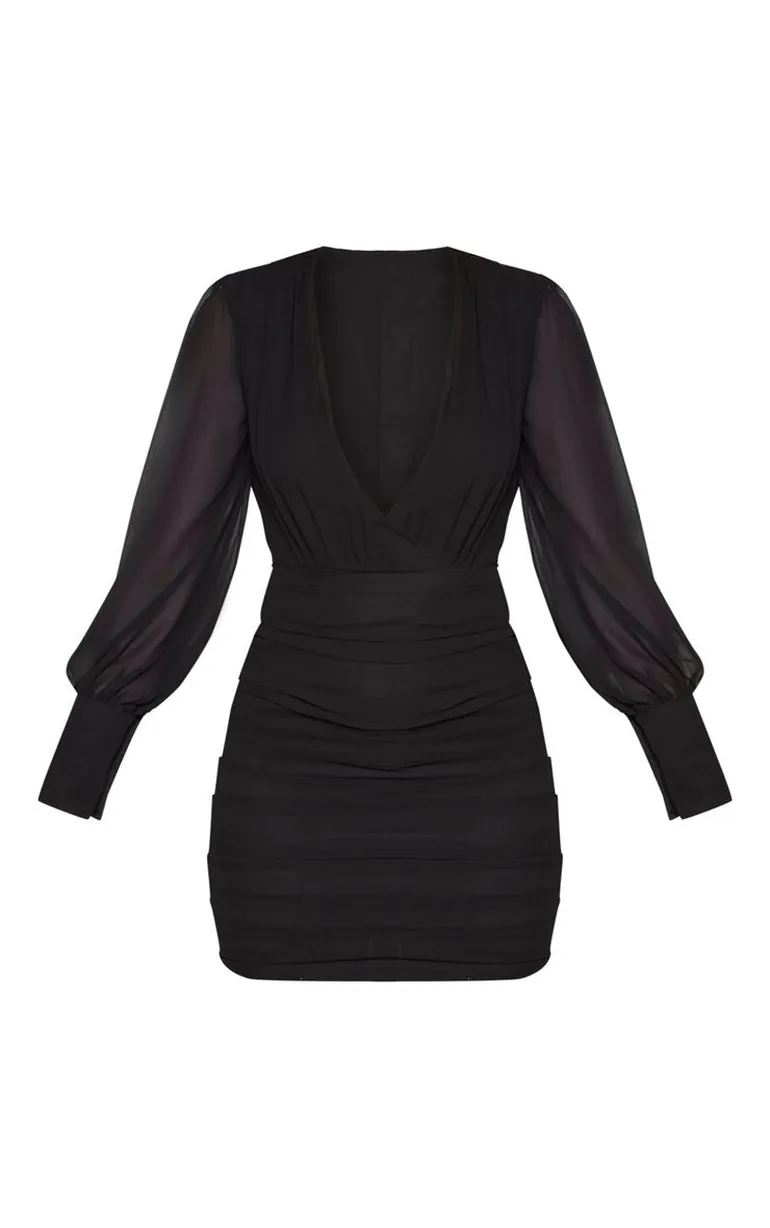 black long sleeve chiffon ruched bodycon dress Shop Black Long Sleeve Chiffon Ruched Bodycon Dress Online in Bahrain