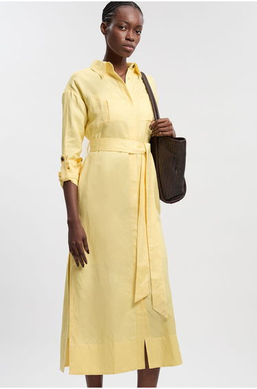 Viscose Linen Woven Belted Shirt Dress