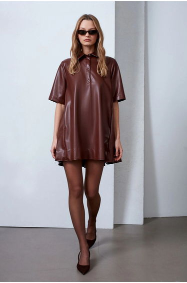 Dilvin Loose Fit Faux Leather Mini Shirt Dress