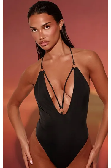 Black Cut Out Back Detail Plunge Swimsuit