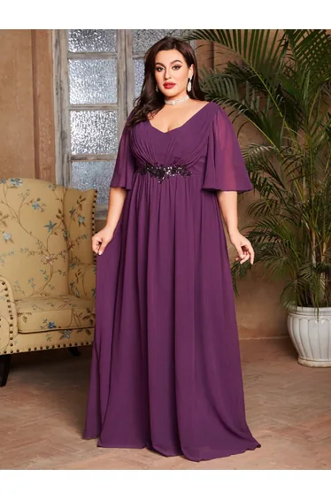 Leely Plus Women's Elegant Chiffon A-Line Wedding Guest Dress