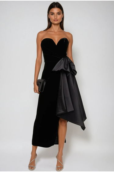 Beroe Strapless Asymmetric Bow Split Maxi Dress
